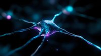 Glowing neuron cell in dark background with blue and purple bioluminescent synaptic connections showing neural network activity in brain science visualization.