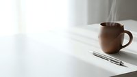 Brown ceramic coffee mug and silver pen on white desk surface with soft natural window light creating minimalist workspace atmosphere for productivity.