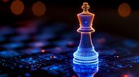 Glowing blue chess king piece on circuit board background with red bokeh lights creates futuristic atmosphere representing artificial intelligence and strategy.