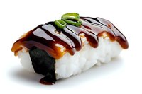 Fresh unagi nigiri sushi with eel sauce drizzle and sliced green onion garnish on white background, close-up view showing texture and layers of rice and fish.