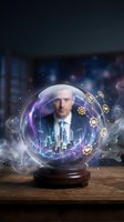 Businessman gazing into crystal ball with futuristic city skyline and digital icons representing business forecasting and strategic planning concepts.