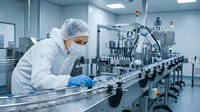 Female technician in white cleanroom suit inspecting pharmaceutical products on automated conveyor line in sterile manufacturing facility.