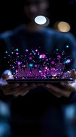Glowing digital visualization with pink and blue holographic elements floating above tablet screen held in dark environment, creating futuristic data display.