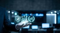 Business professional displaying digital security and achievement icons with shield, graph, and award symbols in modern office environment.