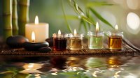 Spa wellness aromatherapy essential oils in glass bottles with burning candles and bamboo for relaxation massage therapy treatment.