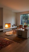 Modern living room with fireplace, neutral furnishings, warm lighting, and large windows overlooking nature. Ideal for interior design, home decor, and lifestyle publications.