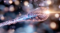 Glowing digital sperm cell with particle effects and bokeh lights representing fertility, reproduction, and medical science concepts.
