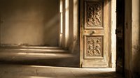 Ornate carved wooden door with decorative panels in sunlit corridor, casting dramatic shadows on aged walls, suitable for interior design, architecture, and heritage projects.