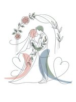 Romantic wedding couple line art with floral arch and hearts in soft pastel colors for invitations and celebration designs.