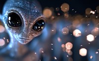 Extraterrestrial creature with large luminous eyes and textured skin surrounded by glowing bokeh lights and particles, suitable for science fiction, alien contact, and fantasy design projects.