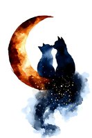 Romantic cats silhouettes sitting on golden crescent moon against starry night sky watercolor artwork, isolated on white background for wall art and greeting cards.