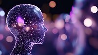 Human head silhouette with glowing particles and bokeh lights representing artificial intelligence, machine learning, and digital transformation concepts.