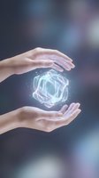 Hands protecting glowing geometric hologram with digital particles on blurred background representing innovation, technology protection and futuristic concepts.