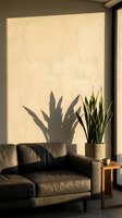 Minimalist interior with dark leather armchair, wooden side table, and potted plant casting dramatic shadow on cream textured wall in natural sunlight for home decor and design projects.