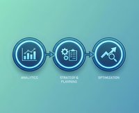 Business process workflow with analytics strategy planning and optimization icons on gradient background for corporate presentations.