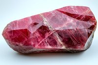 Raw pink rhodochrosite crystal mineral specimen showing natural crystalline structure, layers and fractures on white background, suitable for geology education.