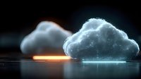 Cloud computing technology concept with glowing digital clouds on dark surface representing data storage and network connectivity solutions.