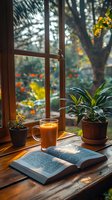 Cozy window reading nook with open book, orange juice in glass mug, potted plants on wooden windowsill against blurred autumn garden background in warm sunlight.