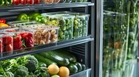 Fresh produce and vegetables in plastic containers on refrigerator shelves at grocery store. Organized storage of broccoli, tomatoes, mushrooms and citrus fruits. Food retail display.