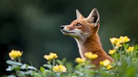 Red fox in profile view among blooming yellow wildflowers against dark green natural background, wildlife photography capturing alert predator in spring meadow.