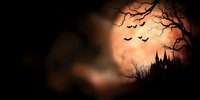Spooky castle silhouette against orange moon with flying bats and bare tree branches creating eerie Halloween atmosphere for seasonal designs and backgrounds.