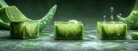 Fresh aloe vera gel cubes with water drops and splashes on green background, natural organic skincare and wellness concept for cosmetic products.
