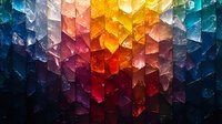 Vibrant crystalline structure with gradient color spectrum from deep blue through red and orange to yellow, creating dramatic geometric abstract pattern with light effects.