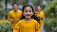Young Asian girl running outdoors in yellow shirt with family exercising together in park during healthy active lifestyle fitness activity.