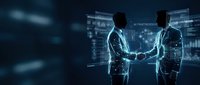 Two business professionals shaking hands in futuristic digital environment with holographic data displays and AI partnership technology interface.