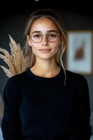 Young Caucasian woman wearing glasses and black sweater smiling at camera. Natural light portrait with pampas grass decoration in background. Professional lifestyle photo.