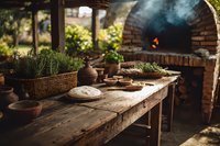 Rustic outdoor kitchen with stone oven, wooden table displaying fresh herbs, bread dough, and pottery in garden setting.