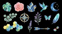 Watercolor clipart set with rose, crystals, hummingbird, moon, compass, butterfly, feather, arrow, and botanicals, isolated on transparent background for stickers, sublimation, and print on demand.