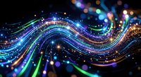 Abstract flowing waves with glowing particles and bokeh lights creating dynamic energy patterns on dark background for digital art and technology designs.