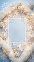 Winter holiday frame with white snowflakes, warm lights and fluffy feathers on soft blue background for festive greeting cards and seasonal designs.