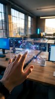 Businessman hand touching holographic digital network interface in modern office workspace with connected data visualization and futuristic technology.