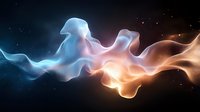 Ethereal smoke forms merge in space, glowing with blue and orange light against dark starry background, creating abstract flowing shapes and cosmic energy effect.