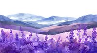 Dreamy mountain landscape with blooming lavender field in foreground, misty purple and blue hills stretching to horizon, perfect for nature-themed designs and relaxation content.