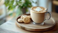Creamy cappuccino with latte art in glass mug on wooden tray with cookies, cozy cafe atmosphere for morning coffee break and relaxation moments.
