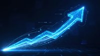 Glowing blue digital arrow pointing upward with network connections and data visualization elements on dark background for business growth concepts.