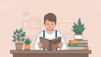 Young man reading book at wooden desk with houseplants in cozy home office interior. Student studying literature in modern workspace with greenery.