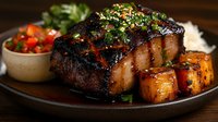 Grilled pork belly with crispy charred exterior, garnished with fresh herbs and sesame seeds, served with roasted potatoes and fresh salsa on rustic plate.