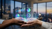 Two hands holding a glowing holographic business dashboard with charts, graphs, and KPI metrics, symbolizing data analytics and financial growth.