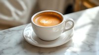 Creamy latte with heart-shaped foam art served in white porcelain cup on marble table surface, soft natural lighting creates gentle shadows and warm ambiance.