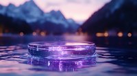 Glowing purple crystal platform floating on calm water with majestic mountain landscape at twilight for product display and magical fantasy designs.