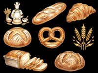 Watercolor bakery set with bread loaves, croissant, pretzel, wheat, and baker isolated on transparent background, ready for stickers, clipart, and t-shirt design.
