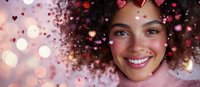 Young African American woman with natural curly hair smiling warmly against pink bokeh background with heart shapes and sparkles creating romantic Valentine's Day atmosphere.