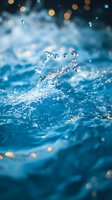 Macro shot of water splash with droplets frozen in motion against blue background with golden bokeh lights for environmental themes.