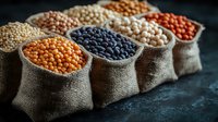 Variety of colorful lentils and legumes in burlap sacks on dark background, raw organic pulses and grains for healthy cooking and protein source.