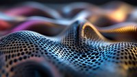 Futuristic metallic mesh surface with colorful gradient lighting effects creates dynamic wave pattern. Abstract technology background with depth of field blur.