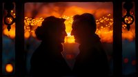 Romantic couple silhouettes facing each other at sunset through window with warm bokeh lights creating intimate atmosphere for love and relationship concepts.